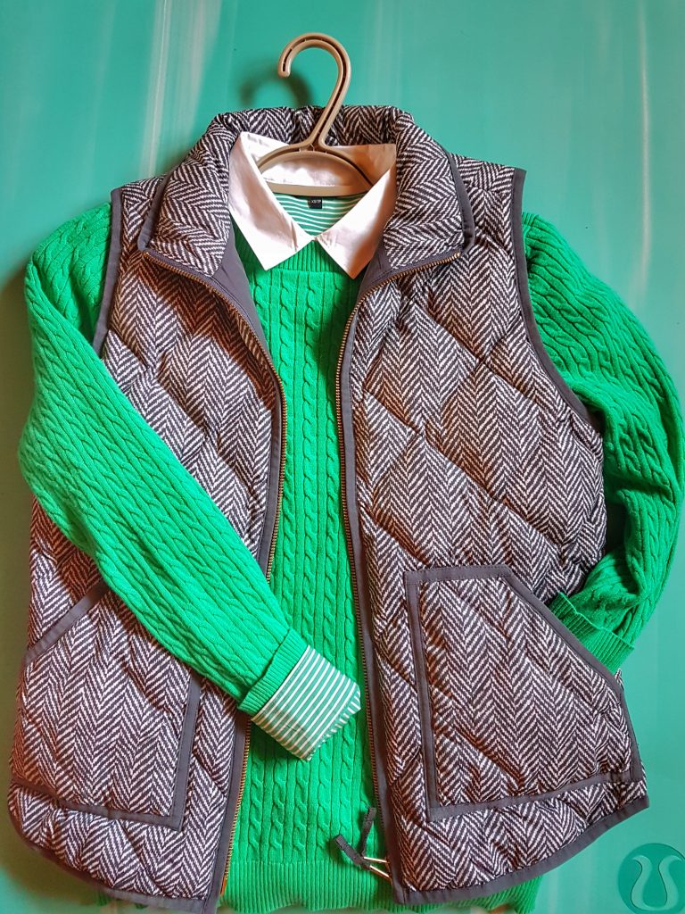 Fall layering with collared shirt, sweater, and vest