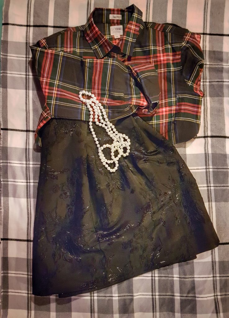 J Crew Perfect Fit Black Tartan Shirt, RW & Co Floral Jacquard Flared Skirt, Pearl Necklace