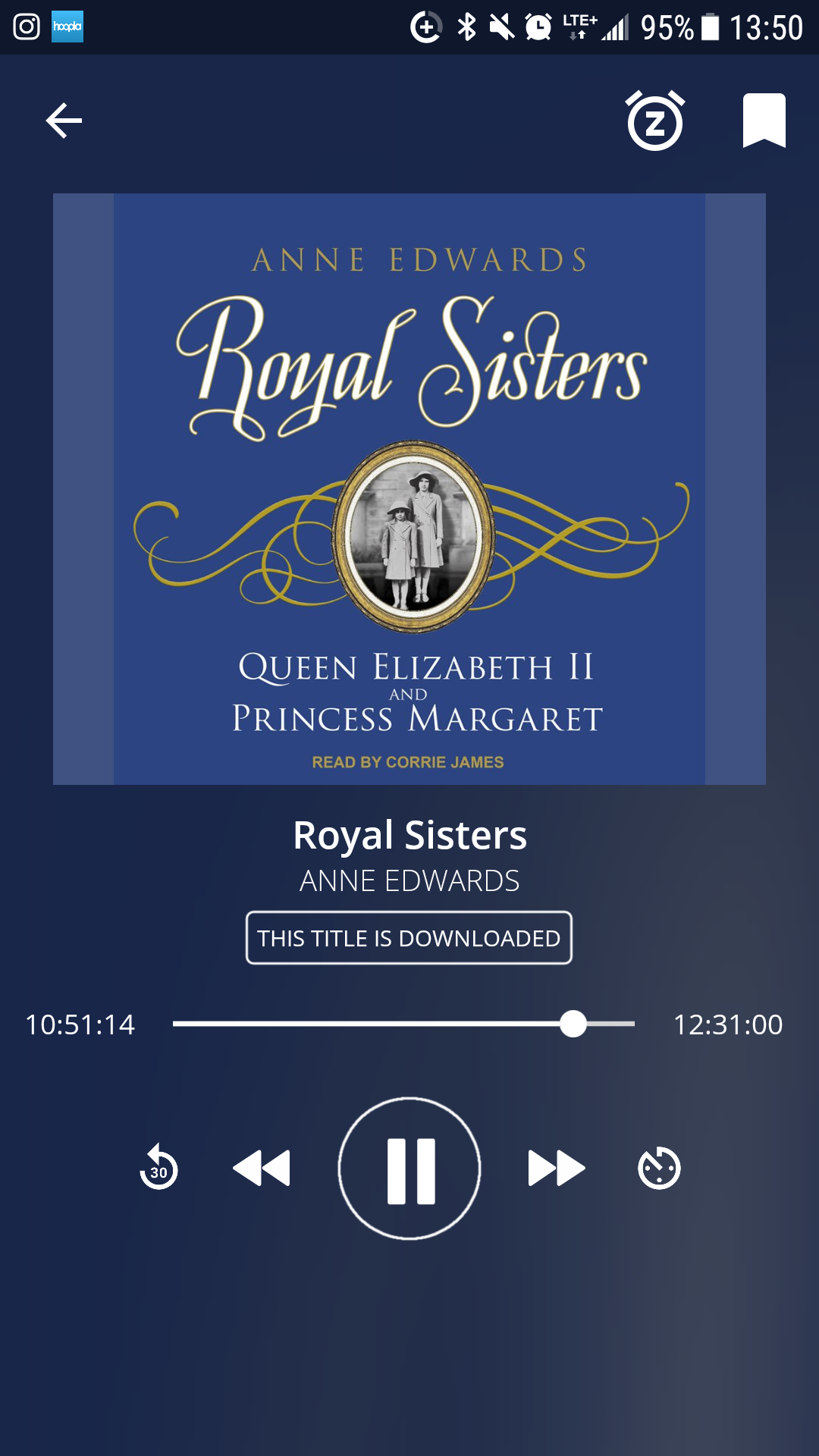 Hoopla app playing Royal Sisters audiobook by Anne Edwards
