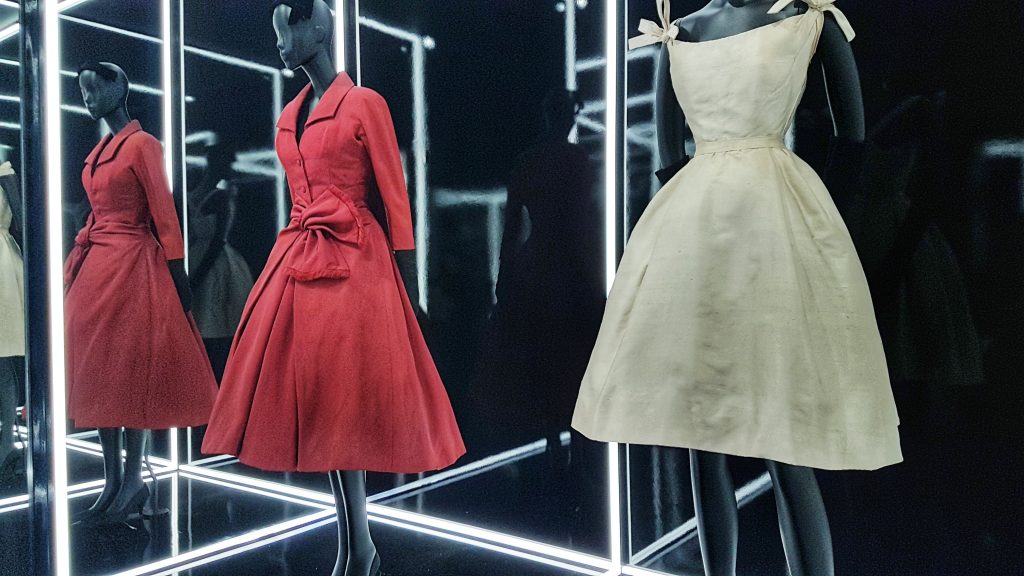 Dior Line Red Suit and White Dress in Dior Designer of Dreams exhibition