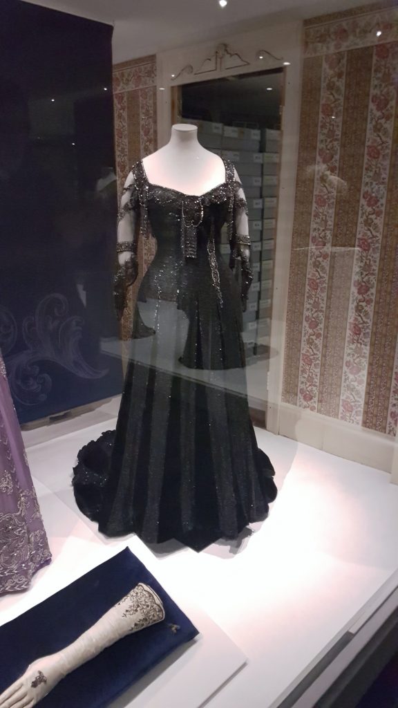 Queen Alexandra Black Silk Beaded evening gown in Royal Women Exhibition at Fashion Museum Bath