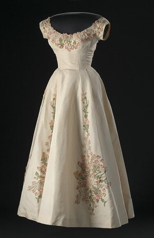 Cream dress designed by Ann Lowe, 1958
