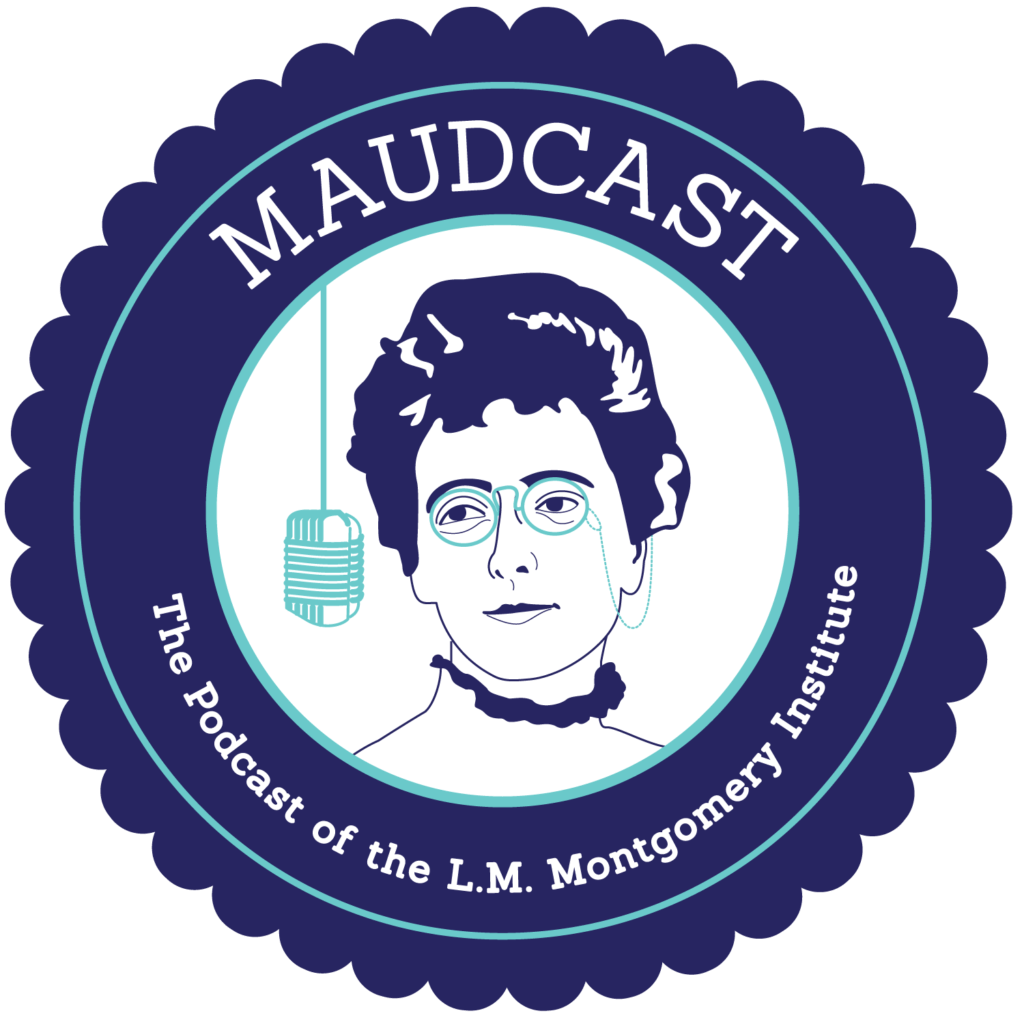 Maudcast Logo with a drawing of L.M. Montgomery with a hanging microphone