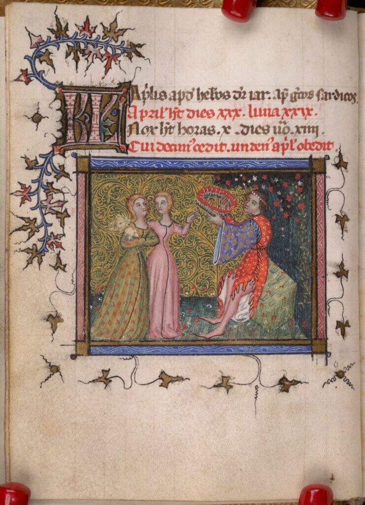 Calendar: April, Youth offering flowers to maidens