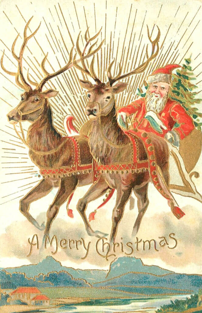 hand drawn Christmas card with Santa and reindeer